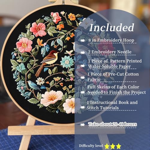 FONNUY Embroidery Kit for Beginners, Birds with Flowers Pre-Stamped Pattern Kits for Adults with Hoop, Easy to Follow Color Thread Needlework, 8'' Hoop (Blue)