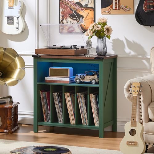 Joaxswe Large Record Player Table with Charging Station & LED Lights, Green Vinyl Record Storage Cabinet Holds up to 230 Albums, Turntable Stand with Display Shelf for Music Room Bedroom Living Room Joaxswe