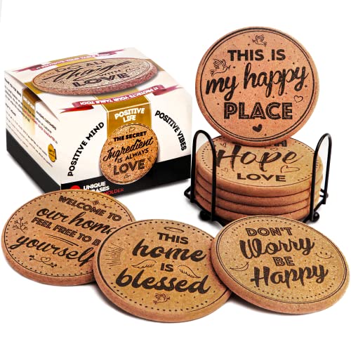 Coasterlux Cork Coasters for Drinks Absorbent with Holder - Cute & Funny Set of 8 Large Round Outdoor Cup Wooden Table Protection, Coffee Trivet, Cups and Mugs Cool Drink Coaster Gift Coasterlux