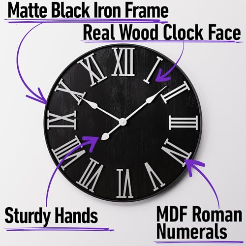 Large Wall Clock 24" Round - Silent Metal & Wood Large Clock - Farmhouse Wall Clock Large - 24 Inch Wall Clock For Living Room Decor - Big Wall Clock Roman Numerals - Wall Clocks For Living Room Decor HB Design Co.