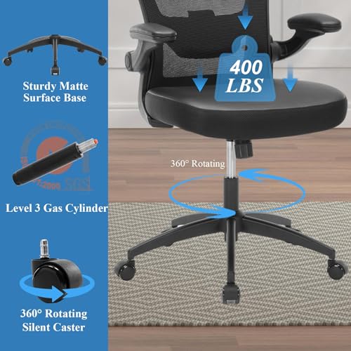 TOPBSHODC Ergonomic Office Chair 400lbs PU Leather Mesh Desk Chair with Lumbar Support, Flip-Up Arms, Swivel Wheels, Adjustable Height, Rolling Executive Computer Task Chair for Home Office,Black TOPBSHODC