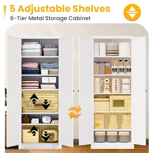 Reegangfa 72" Metal Storage Cabinet, Large Capacity Pantry Cabinet with 6-Tier, Kitchen Storage Cabinet with 2 Doors and 5 Adjustable Shelves for Home, Kitchen, Dining, Living Room (White) Reegangfa