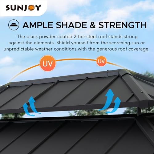 Sunjoy Wooden Grill Gazebo, 8 x 12 ft. Steel Hardtop Outdoor Gazebo for Year-Round Grilling, 2 Full Size Grills, Griddles or Smokers - Cook Station, Barbeque, Built-in Electrical Outlets, Black Sunjoy