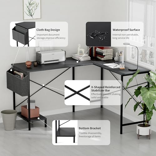 L Shaped Desk Gaming Computer 50 Inch Reversible Corner Table PC Work Table for Writing Study Student with Wood Tabletop Metal Frame CPU Stand Side Bag for Home Office Small Place Simple Deluxe