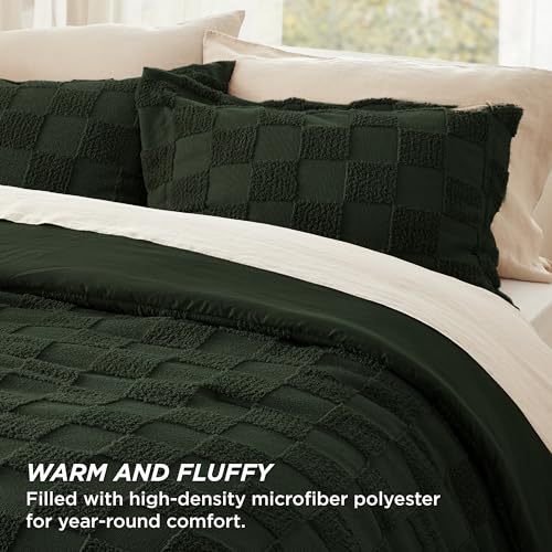 Bedsure Twin/Twin XL Size Comforter Set Dark Olive Green, Boho Tufted Bed Set, Checkered Farmhouse Shabby Chic Bedding, 2 Pieces, 1 Plaid Geometric Comforter and 1 Pillow Sham Bedsure