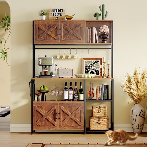 Huuger Large Bakers Rack with Power Outlet, Kitchen Microwave Stand with Cabinets, Coffee Bar Table Station with Storage, 6 S-Shaped Hooks, Mesh Shelves, 45 Inch Wooden Top, Rustic Brown