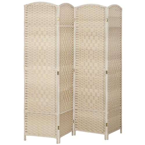 HOMCOM 4 Panel Room Divider, 6' Tall Folding Privacy Screen, Woven Freestanding Wall Partition for Home Office, Bedroom, Washed Oak HOMCOM