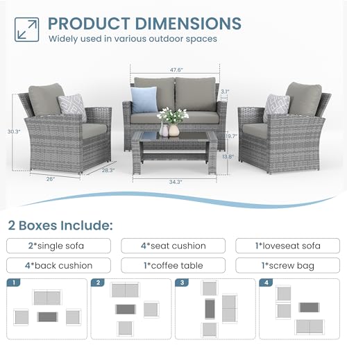 Amopatio 4 Pieces Outdoor Patio Furniture Set,Wicker Sectional Sofa Outdoor Patio Set Outdoor Rattan Patio Furniture, Patio Conversation Sets with Cushion, Grey Amopatio