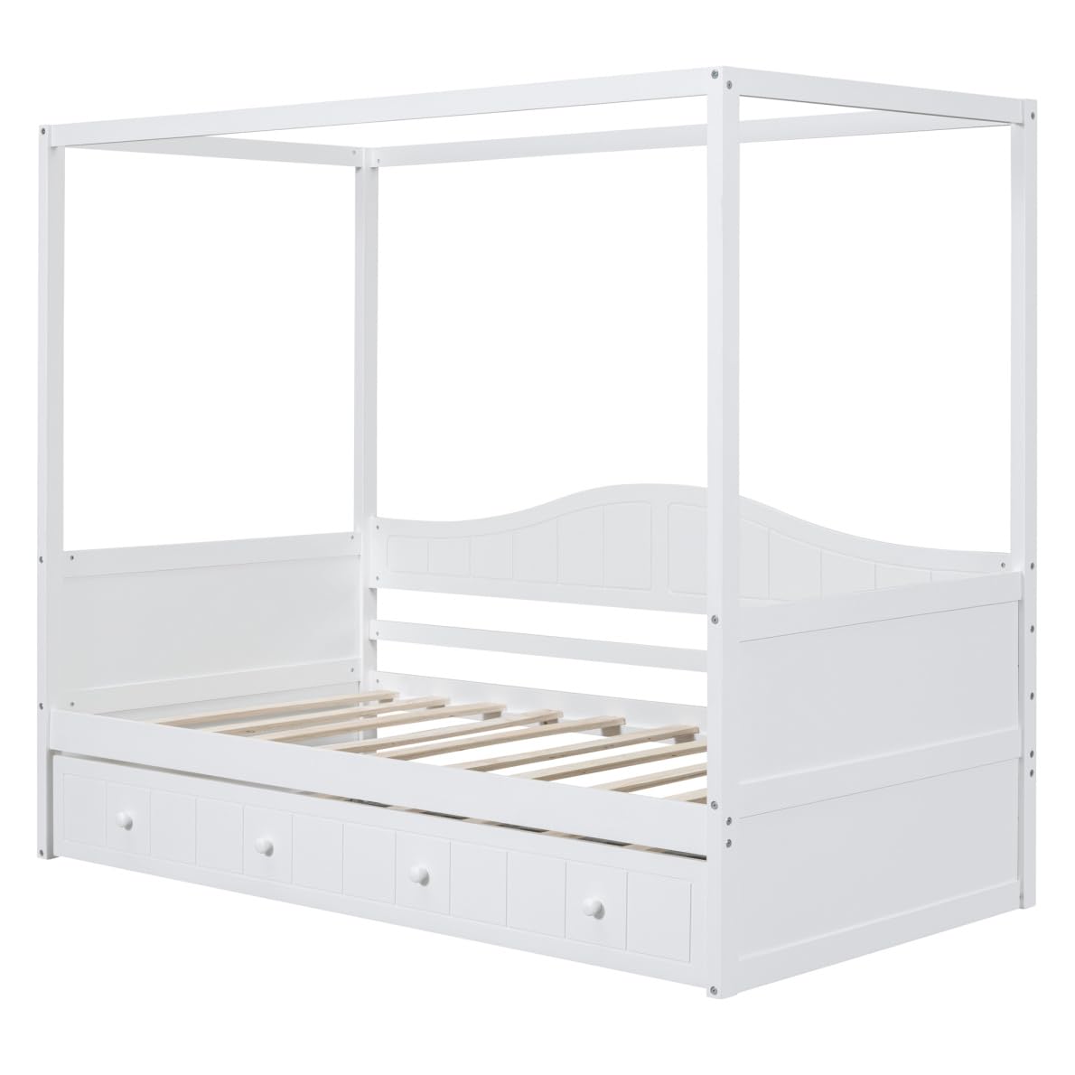 LLS Twin Canopy Bed with Trundle, Solid Wood Day Bed Frame with Headboard, Footboard and Backrest, Four-Poster Sofa Bed with Sturdy Slats Support for Boys Girls Adults, No Box Spring Needed, White LLS