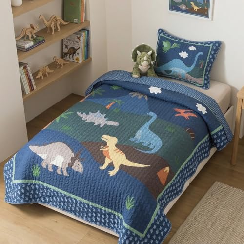 Soul & Lane Dinosaur Quilt Set – Twin and 1 Sham, Kids Dinosaur Bedding for Boys, Toddler Twin Comforter and Dino Bedspread, Reversible T-Rex Bedding with Blue Check Pattern, Dino Delight Soul & Lane