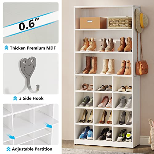 Tribesigns Shoe Cabinet, 24 Pair Freestanding Shoe Rack Storage Organizer with Side Hooks, Modern Shoe Storage Cabinet with Shelves for Hallway Bedroom Closet Entryway, 1PC Tribesigns