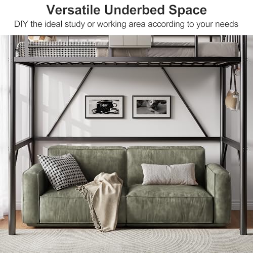 Decofy Metal Loft Bed Twin Size, Twin Loft Bed with Bedside Caddy, Convertible Ladder & Full-Length Guardrails, Space-Saving & Noise Free Design, No Box Spring Needed, Loftbed Frame for Teens Adults Decofy