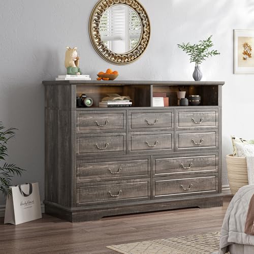 EnHomee 55.2''Wide Dresser for Bedroom Wood Dresser with LED & Power Outlet Vintage 10 Drawer Dressers & Chests of Drawers Long Dresser TV Stand, Closet,Hallway, Dark Rustic Oak EnHomee