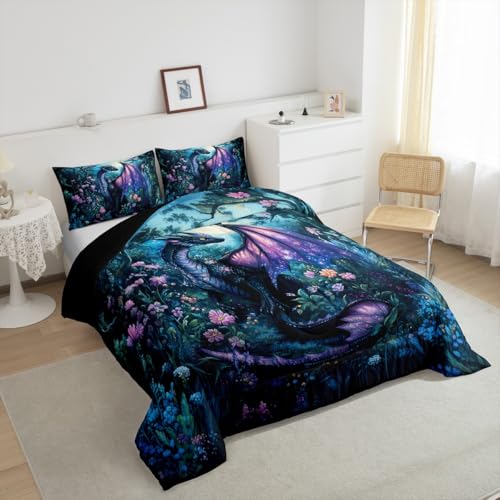 Feelyou Dragon Comforter Set Twin Size Comforter for Boys Girls Teens Wild Life Bedding Set Jungle Dragon Duvet Set Room Decor Balck Blue Quilt Set Feelyou