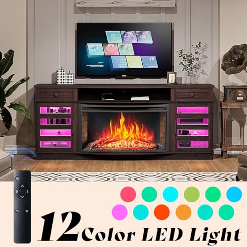 AMERLIFE 70" Farmhouse Fireplace TV Stand with 36'' Curved Electric Fireplace, LED Media Console with 2 Drawers & Adjustable Shelves, Fits 80'' TVs, Espresso AMERLIFE