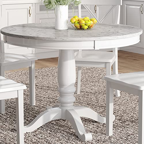 Merax Round Dining Table Set for 4, 5-Piece Faux Marble Kitchen Table Set with 4 Chairs, Farmhouse Table and Chairs Set for Kitchen, Dining Room, Small Space, White Merax