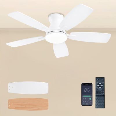 JSAITEE Ceiling Fans with Lights, 42 Inch Low Profile Ceiling Fan with Light and Remote Control, Flush Mount, DC Reversible Motor, Noiseless, White 6 Speeds Ceiling Fan for Bedroom
