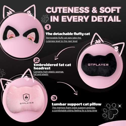 GTPLAYER Pink Gaming Chair Cute with Cat Ears Ergonomic Computer Chair with Cat Embroidery Adjustable Memory Foam Lumbar Support and Headrest Comfortable Reclining Office Chair Soft Velvet Fabric GTPLAYER