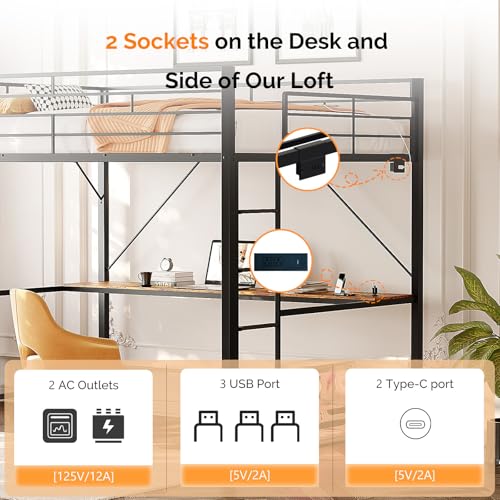 VINGLI Loft Bed Full Size with 15 Inches Extra Tall Guardrail, LED Lights and Desk Underneath, Industrial Metal Double High Sleeper with 2 Charging Stations and Flat Rung Steps, Space Saving,Black VINGLI