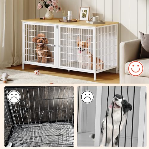 MAHANCRIS Dog Crate Furniture for 2 Dogs, 43.3" Dog Kennel with Removable Divider, Heavy Sturdy Dog Furniture Style Double Cage for Small Medium Dogs, Indoor Pet House End Table, Natural and White MAHANCRIS