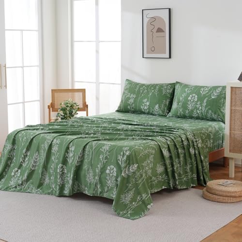 Yibeizi Green Floral Sheet Set King, Botanical Rustic Pattern Bed Sheets Boho Bedding Sheets & Pillowcases Soft Microfiber 15" Extra Deep Pocket Fitted Bedsheet 4 Piece Yibeizi