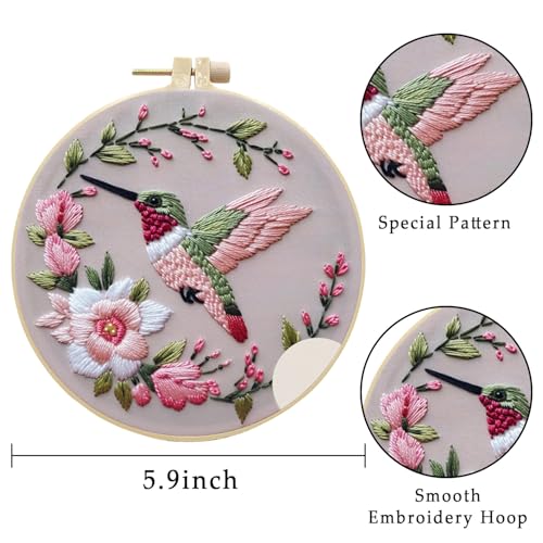LB 3 Pack Hummingbird Flower Embroidery Kit for Beginners Funny Simple Beginner Embroidery Kit for Adults DIY Starter Kit with Embroidery Hoop Colorful Threads Tools Step by Step Instructions
