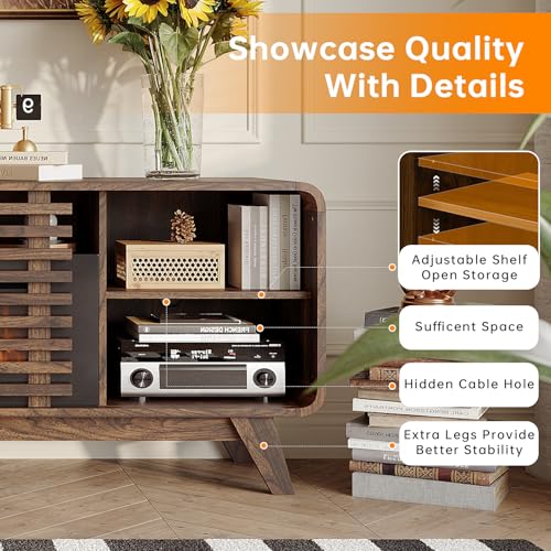 Breezestival 36" Electric Fireplace TV Stand for 80" TVs, Mid Century Modern Walnut Console with LED Lights & Sliding Doors Breezestival