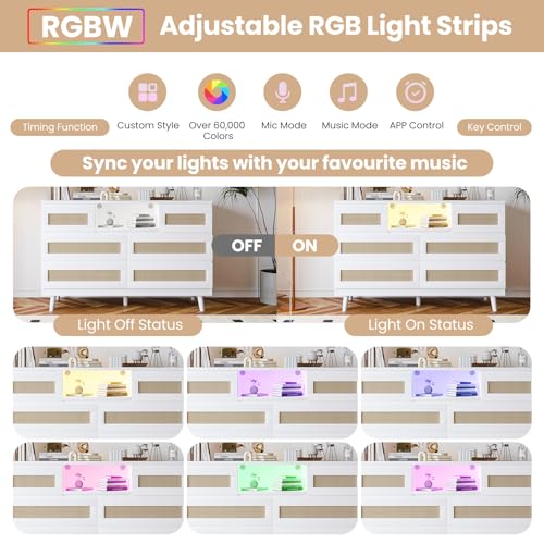 GarveeHome Natural Rattan Dresser for Bedroom with LED Light and Charging Station, 6 Drawer Double Dressers, Modern Wooden Dresser Chest, Beside Table for Closet, Nursery, Living Room, White GarveeHome