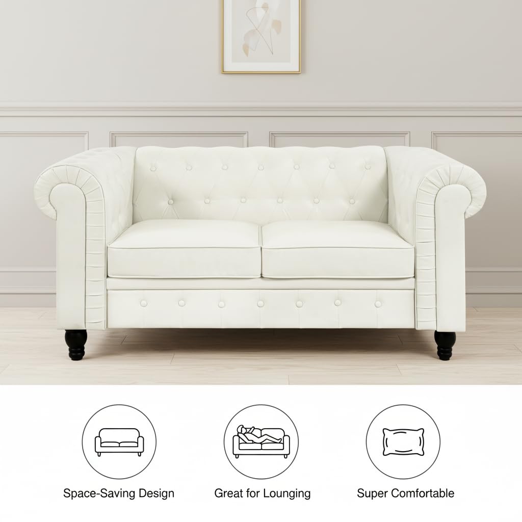 Naomi Home Chesterfield Leather Loveseat, Mini Sofa Love Seat, Small with Rolled Arms, Tufted Cushions 2 Seater Loveseats for Small Spaces, Living Room White Naomi Home