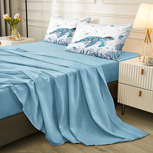 Ocean Themed Bedding Sets - 8 Pieces Queen Bed in A Bag - Teal Blue Turtle & Sea Horse Animal Cartoon Pattern Beach Coastal Bedding Comforter Bedorm