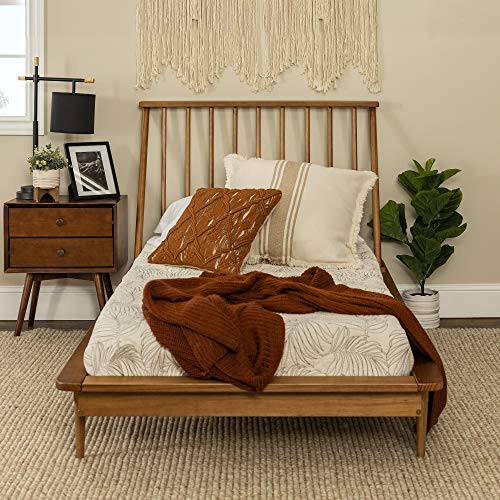 Mid Century Modern Solid Wood Twin Bed Frame with Spindle Headboard in Caramel Walker Edison