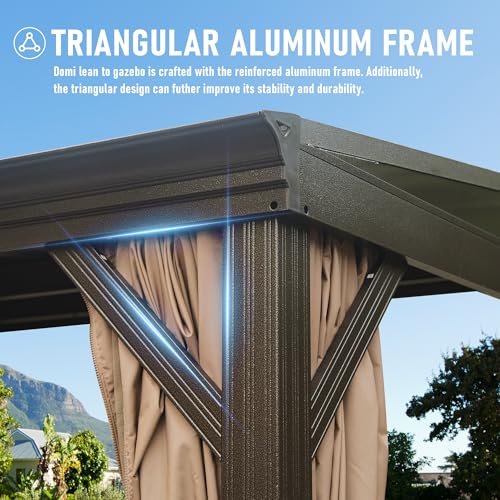 Domi 12x16FT Lean to Gazebo, Aluminum Wall Mounted Gazebo with Sloping Galvanized Steel Roof, Curtains and Netting, Outdoor Hardtop Gazebo Pergola for Patio, Deck, Garden, Backyard domi outdoor living