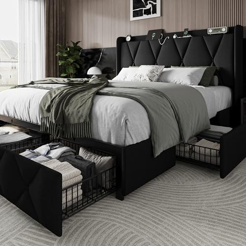 Einhomn Full Size Bed Frame with 4 Storage Drawers and Charging Station, Upholstered Platform Bed Frame with Storage Headboard, No Box Spring Needed, Easy Assembly, Black Einhomn