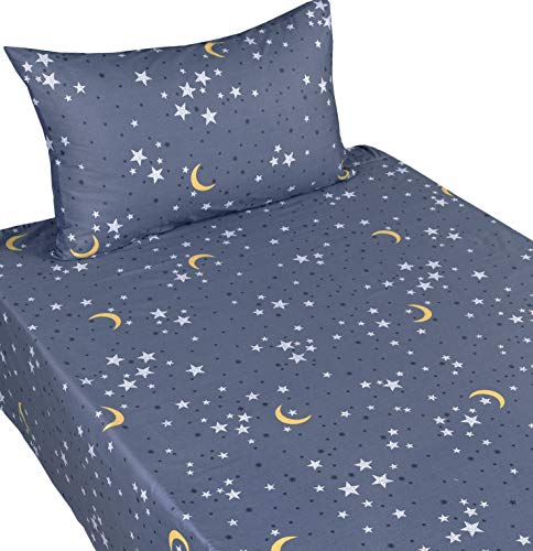 Scientific Sleep Moon & Stars Boys Girls 100% Cotton 3 Pcs Twin Bed Sheet Set Kids Toddler Teen, Flat Sheet & Fitted Sheet & Pillowcase Kids Bedding Set Scientific Sleep