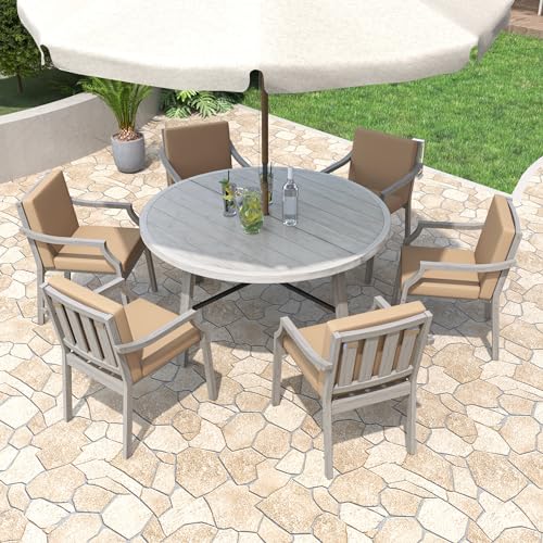 VilroCaz 6-Person Acacia Wood Outdoor Dinning Set, All-Weather Outdoor Round Dining Table with Umbrella Hole and 6 Cushion Chairs for Patio Backyard Garden VilroCaz