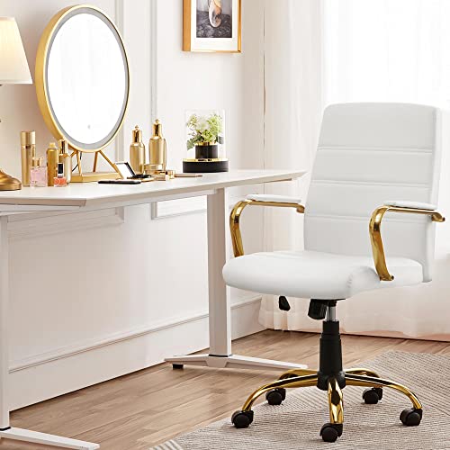 Yaheetech Mid-Back Office Chair PU Leather Desk Chair Adjustable Executive Task Chair w/Lumber Support Gold Leg White Seat Yaheetech