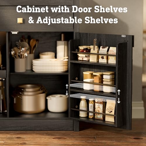55" Buffet Cabinet with Storage, Kitchen Buffet Sideboard with Charging Station & LED Lights, Modern Wood Coffee Bar with Drawers & Door Rack, Large Accent Storage Cabinets with Adjustable Shelves STO'SENSE