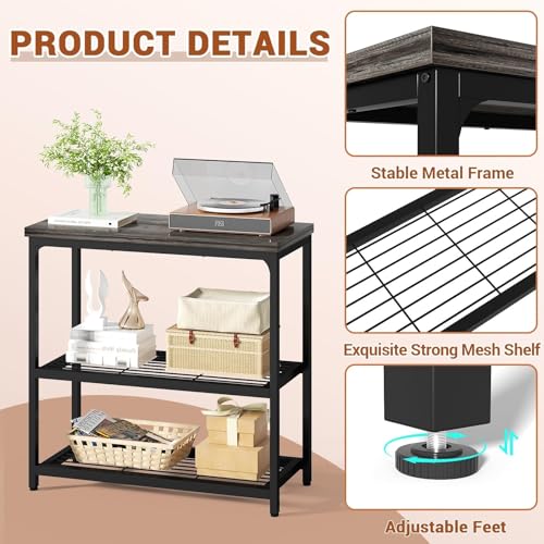Besiost 32" Small Console Table with 3-Tier Storage, Industrial Narrow Entryway Table, Sofa Table Behind Couch for Hallway, Foyer & Living Room, Sturdy Metal Frame, Oak Grey Besiost
