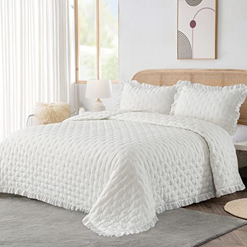 HIARUO 2-Piece Twin Quilt Set - Soft Warm Ultrasonic Reversible Pleated Ruffled Coverlet Bedspread Set (68 x 90 Inch) with 1 Pillow Sham (20 x 26 Inch), Lightweight White HIARUO