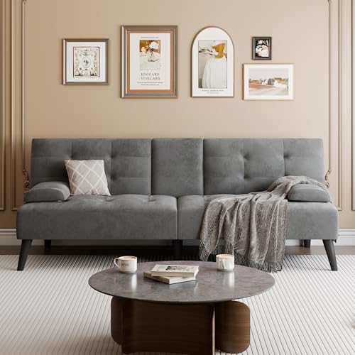 Meilocar 64" Futon Sofa Bed, Convertible Loveseat with 2 Cup Holders, Small Couch with 3 Adjustable Angles & Armrests, Sleeper Sofa for Apartment, Office, Dark Grey Meilocar