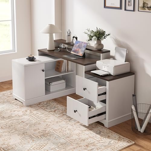 67" L Shaped Executive Desk with Drawers & Storage Shelf, Corner Computer Desk with Power Outlets, Home Office Desk with Monitor Stand, Printer Shelf, Computer Writing Desk for Work, Antique White CASSORA