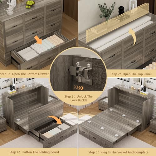 NEBZHASK Full Size Murphy Bed with Charging Station and Drawer Farmhouse Cabinet Bed Wood Space-Saving Hidden Folding Platform Bed Chest for Home Office Bedroom Guest Room Apartment,Gery