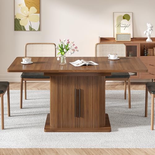 Extendable Dining Room Table for 4-6, 47-65 Inch Rectangle Kitchen Dining Table with Large Storage, Fluted Sliding Door, Expandable Mid Century Modern Dinner Furniture, Living Room, Walnut, Brown Woemtoric