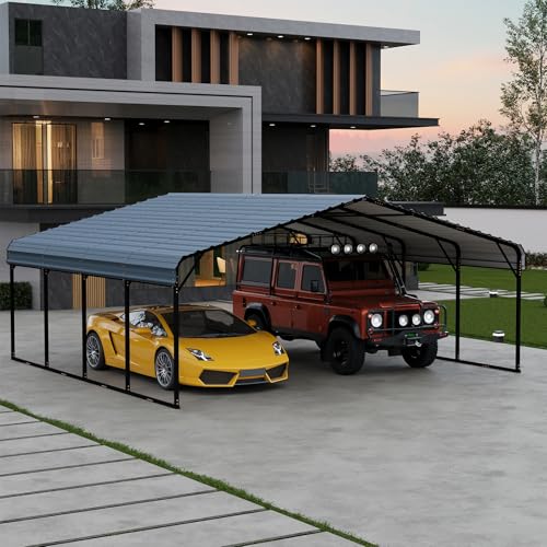 EROMMY 20‘x20’ Stable Metal Carport, All-Weather Heavy-Duty Carports with Strong Base, Sturdy Car Shed with Galvanized Steel Roof and Frame, Easy Assembly Car Port for 2 Cars, Tractors, Boat, Gray EROMMY
