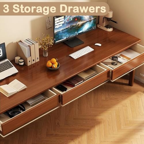 Ytaoka 70.86" Long Solid Wood Desk with 3 Drawers Home Office Computer Desk Mid Century Modern Large Study Writing Desk Simple Real Wood Desk Study Table Workstation, Walnut Ytaoka