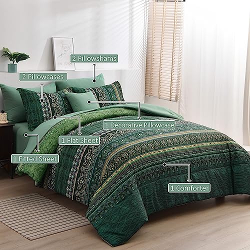 Boho Green Comforter Set Queen Size,8 Piece Bed in a Bag Bohemian Striped Bedding Quilt Set,Dark green Paisley Floral Comforter and Sheet Set,Soft Microfiber Complete Bedding Sets for All Season Cottolester