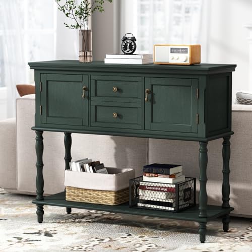 ARTPOWER Console Table with 2 Drawers, Retro Entryway Table with 2 Door Cabinets and Open Storage Shelf, Narrow Long Behind Couch Sofa Table for Living Room, Foyer, Hallway, Green ARTPOWER