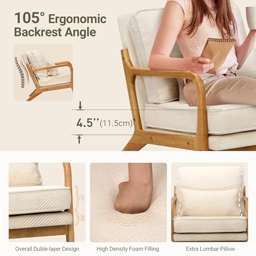 COLAMY Mid Century Modern Accent Chair Set of 2 with Lumbar Pillow, Relaxing Armchair with Solid Wood Frame & Soft Cushion, Reading Leisure Chair for Living Room(Beige) COLAMY