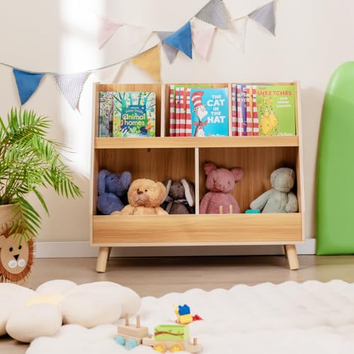 Costzon 2-in-1 Kids Toy Organizer and Bookshelf with 5 Cubbies and Solid Legs Costzon