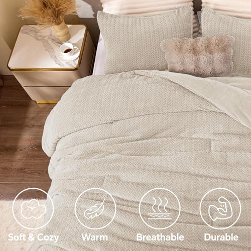 ChiXpace Flannel Fleece Full Comforter Set - Furry Linen Leaves Pattern Faux Fur Bed Set, Winter Ultra Soft Fuzzy Comfort Set, Velvet Bedding Set for Bed with 2 Pillow Cases ChiXpace